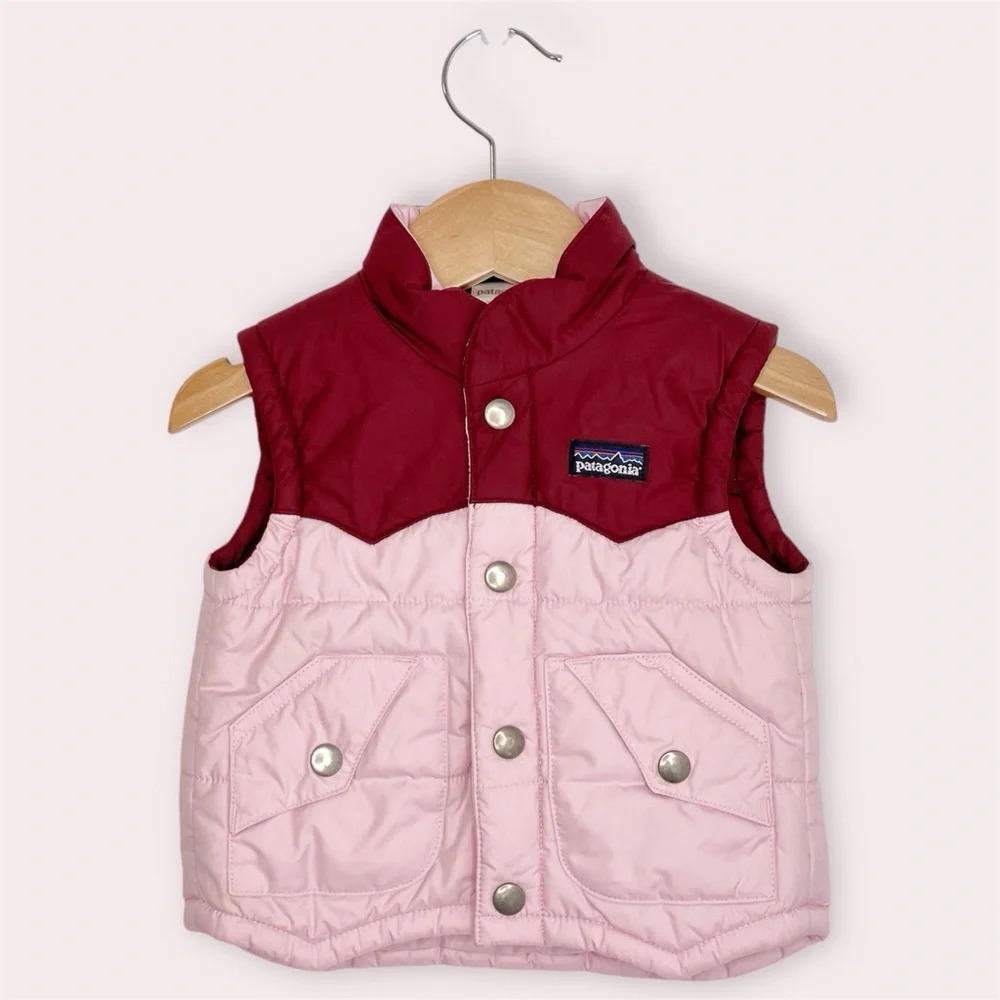 Patagonia baby‎ puffer vest pink and maroon colorblock size 6 months